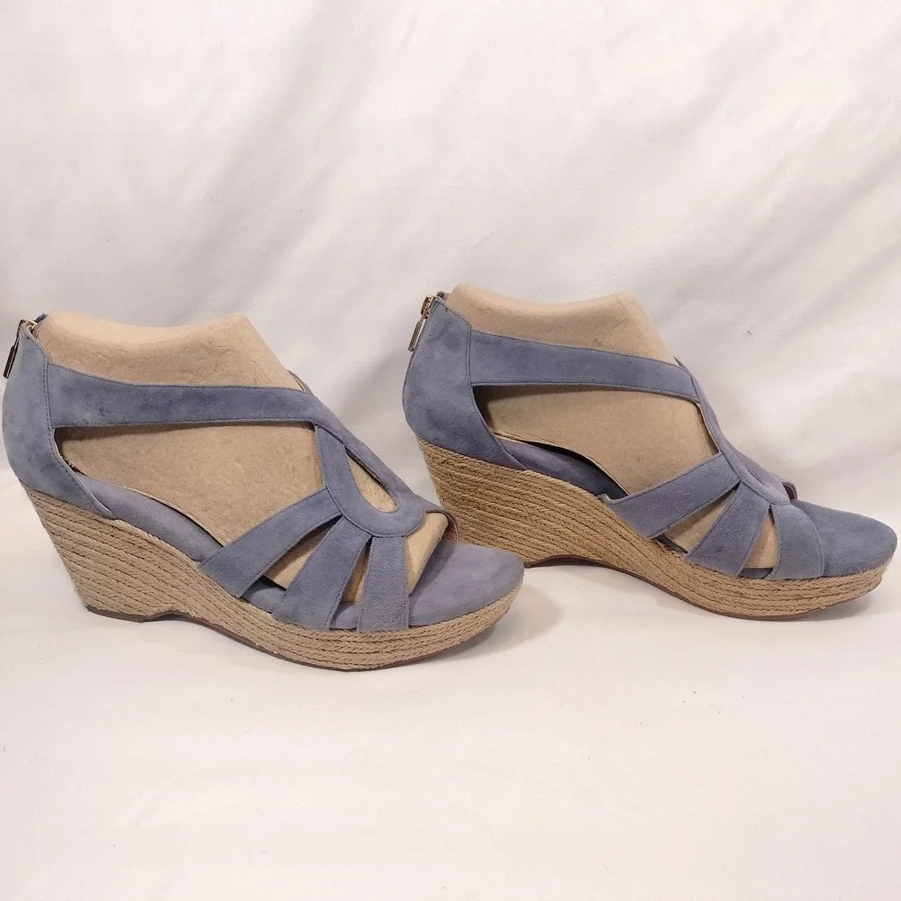 Sofft Blue Espadrille Wedge Sandals; Strappy Suede Leather Open Toe Back Zip